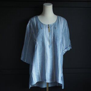 Ellen Tracy | 100% Linen, Like NEW Striped Quarter-Zip Tunic Top